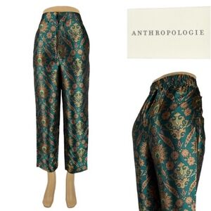 Anthropologie Green and Gold Patterned Pants
